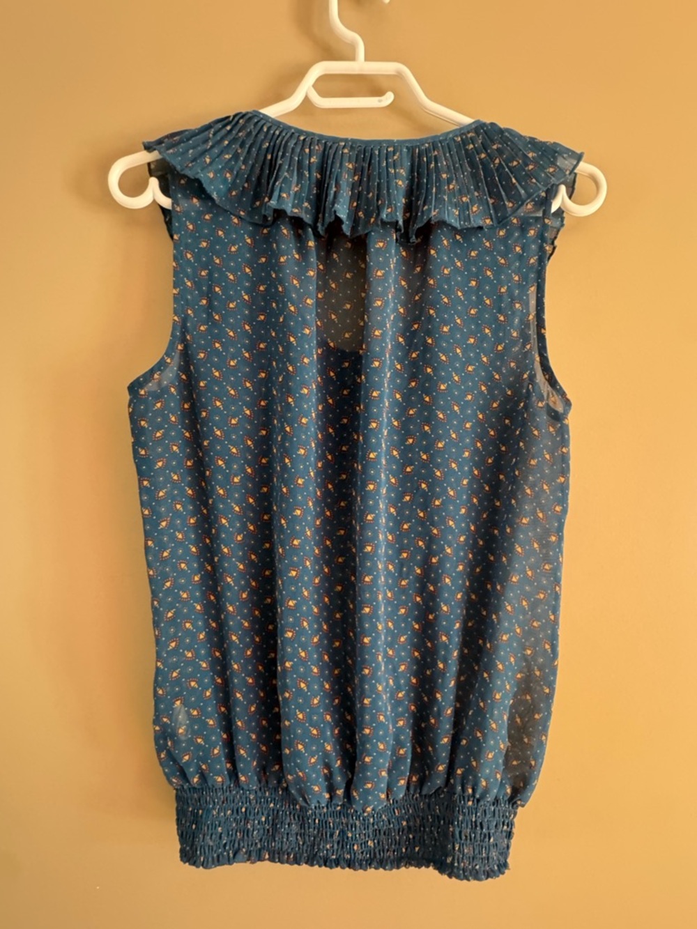 Teal Blue Ruffle-Front abstract printed sheer Top - Picture 8 of 8